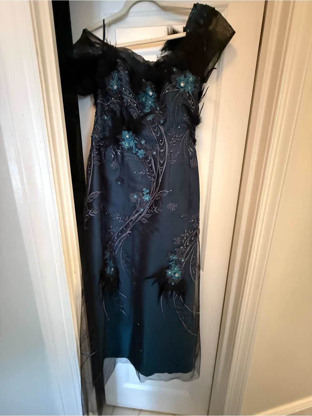 Embroidered Dark Navy Midi Dress with Teal Floral Accents